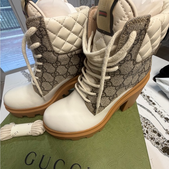 Gucci Shoes - Gucci Women's Platform Lace-Up Boots in Cream and Brown